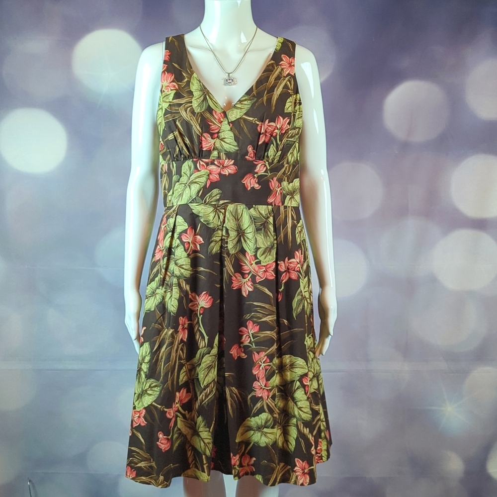 Jones New York 10P Tropical Floral Cotton V-Neck Sleeveless Knee Length Dress